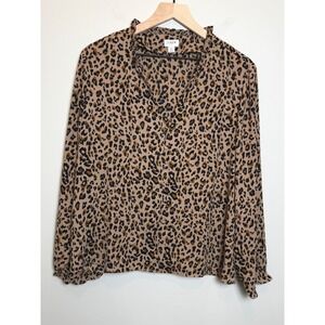 J. Crew Factory XL Blouse Brown Leopard Print Ruffle Neck V-Neck Button Up Chic